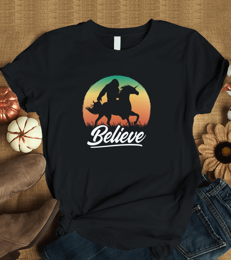 Bigfoot Riding Unicorn Believe Vintage T-Shirt