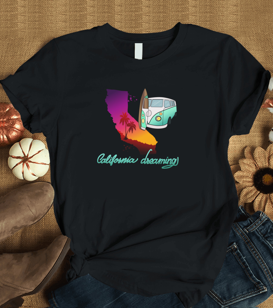 California Dreaming Surf Van Sunset Palm Trees T-Shirt