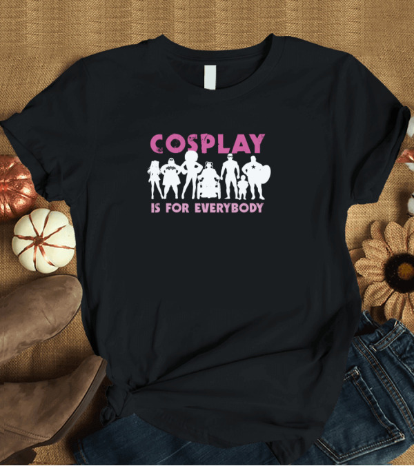 T-Shirt: Cosplay Is For Everybody Pink Text with Superhero Silhouettes T-Shirt Cosplay Is For Everybody Pink Text with Superhero Silhouettes T-Shirt