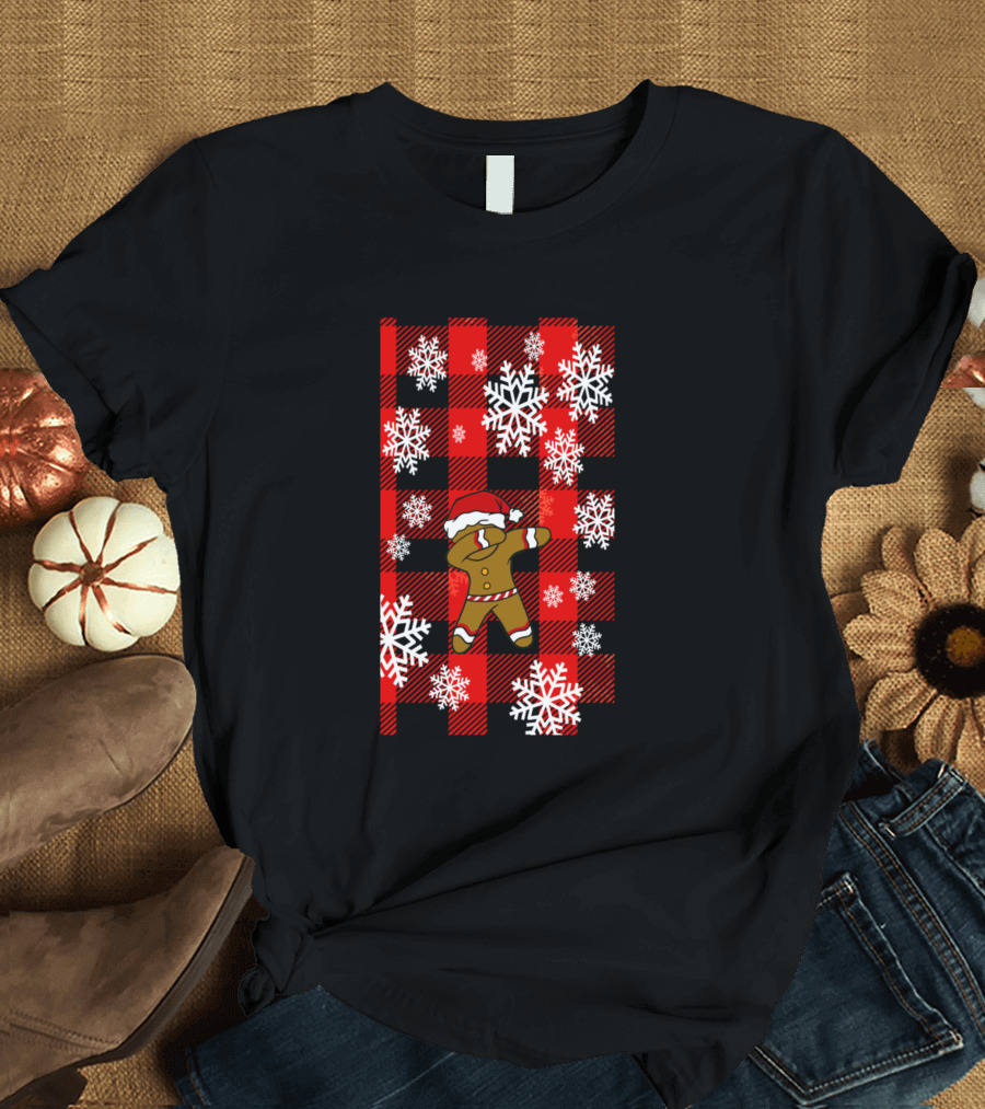 Gingerbread Dabbing with Santa Hat on Red Black Plaid Snowflake T-Shirt