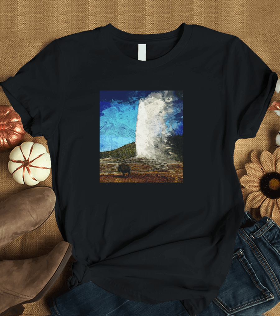 Geyser Yellowstone Bison Nature Scene T-Shirt