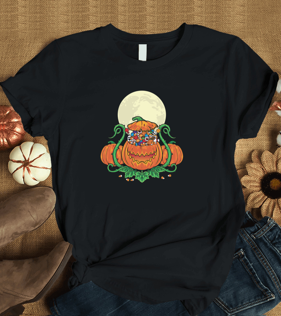 Halloween Candies Overflowing From a Pumpkin with Full Moon Background T-Shirt