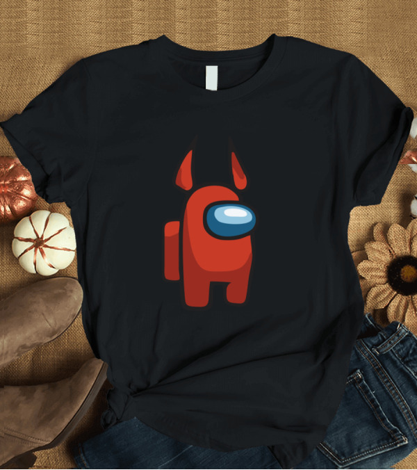 T-Shirt: Halloween Red Among Us Crewmate with Devil Horns T-Shirt Halloween Red Among Us Crewmate with Devil Horns T-Shirt