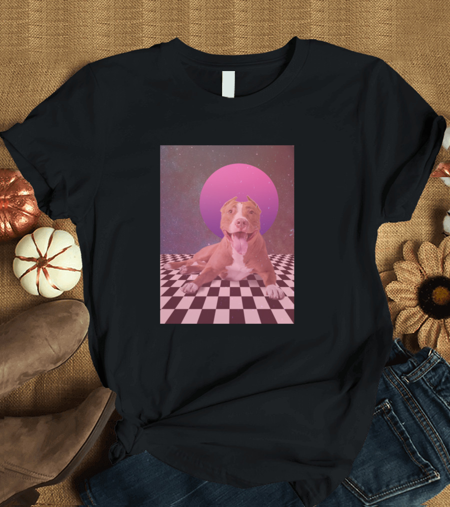 Retro Pitbull Vaporwave Aesthetic Checkerboard Galaxy Retro Sun T-Shirt