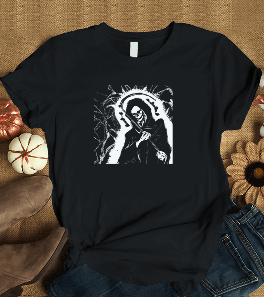 Spooky Reaper Grim Figure with Scythe in T-Shirt