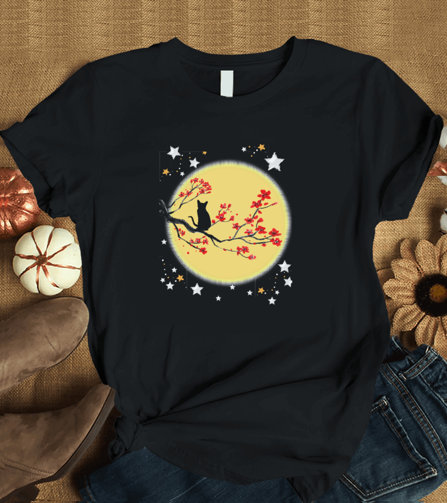 Cats Cat On Tree On Moon With Stars And Flowers T-Shirt