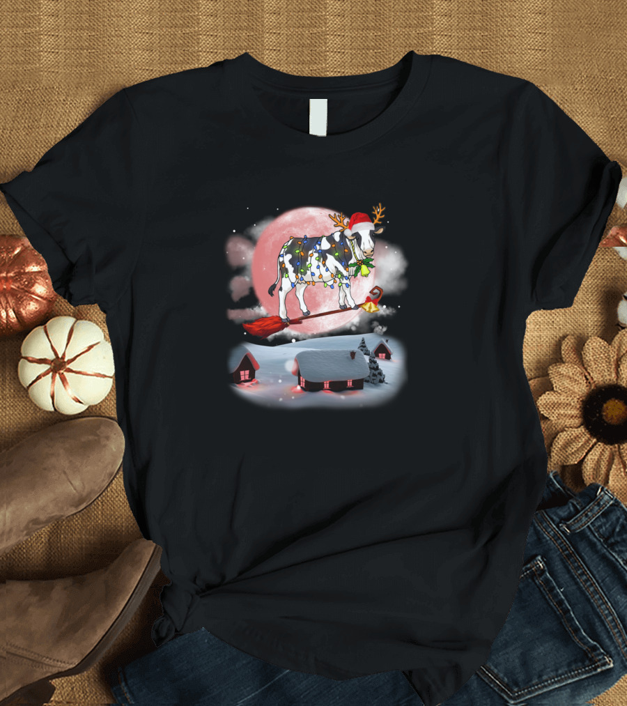 Cow Reindeer Flying Over Christmas Farmhouses with Full Moon Background T-Shirt