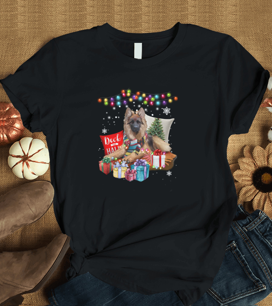 Deck Hall German Shepherd Christmas Lights Presents Snowflakes T-Shirt