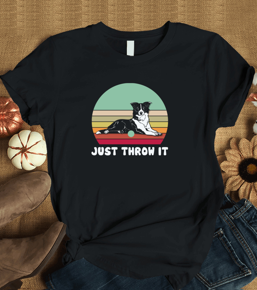 Just Throw It Funny Border Collie Retro Stripes T-Shirt