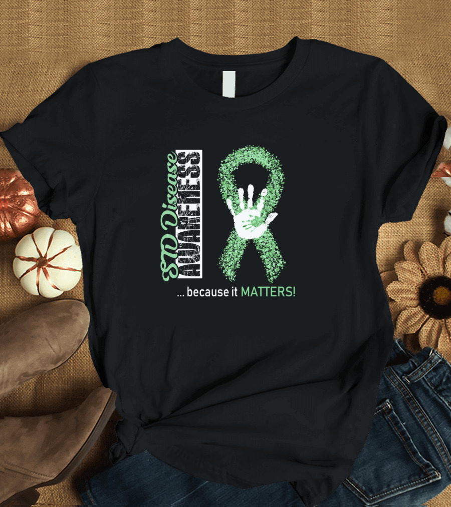 STD Disease Awareness Because It Matters Green Ribbon Handprint T-Shirt