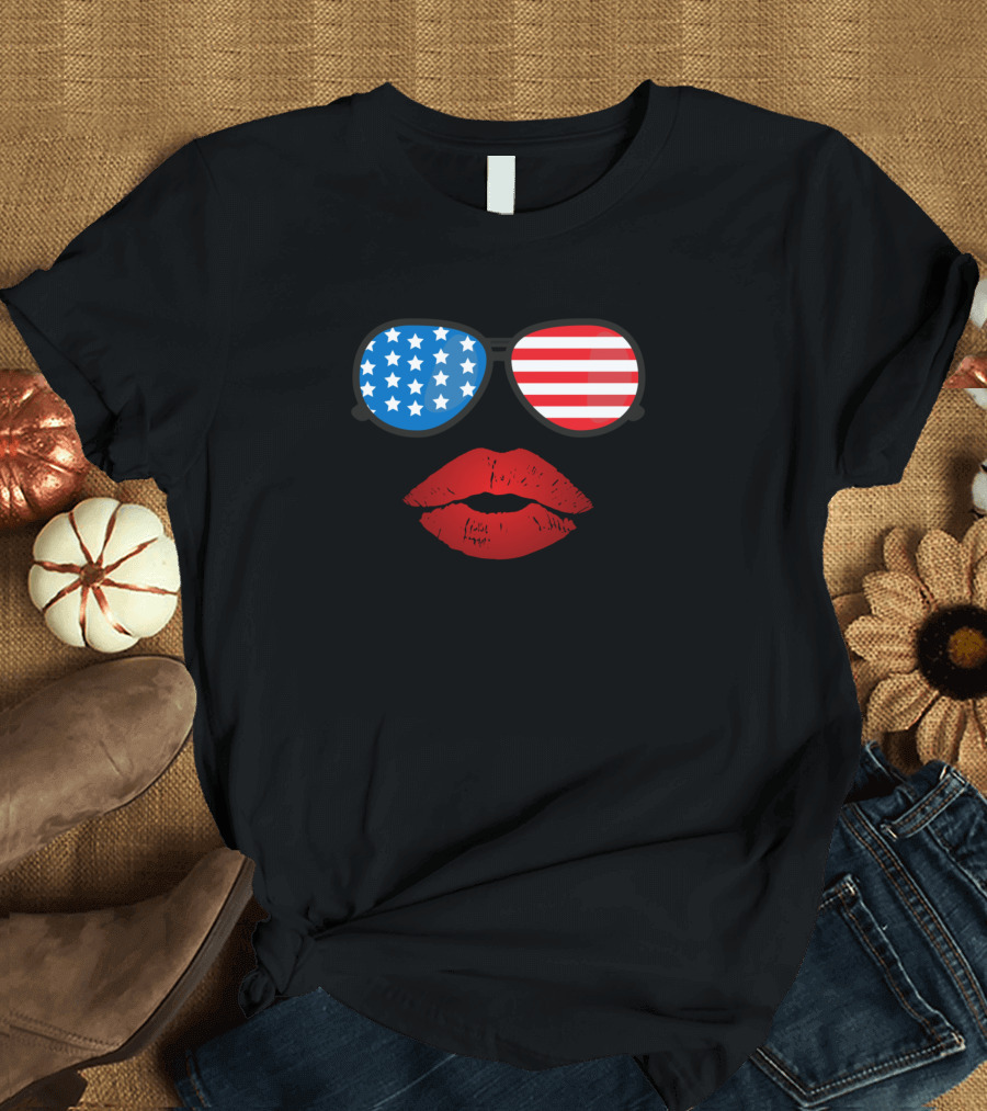 Patriotic USA Stars Stripes Sunglasses Red Lips Fourth of July T-Shirt