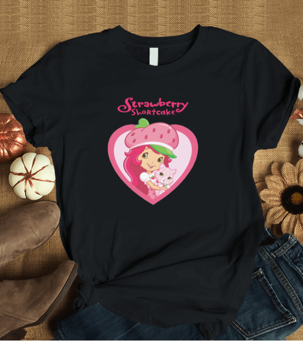 T-Shirt: Strawberry Shortcake Heart Vintage Cartoon Character with Pink Cat T-Shirt Strawberry Shortcake Heart Vintage Cartoon Character with Pink Cat T-Shirt