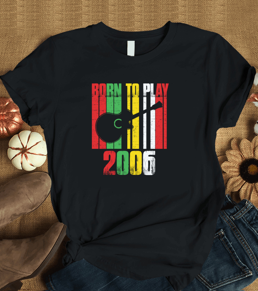 Born To Play Guitar 2006 Retro Style With Guitar Silhouette and Stripes T-Shirt