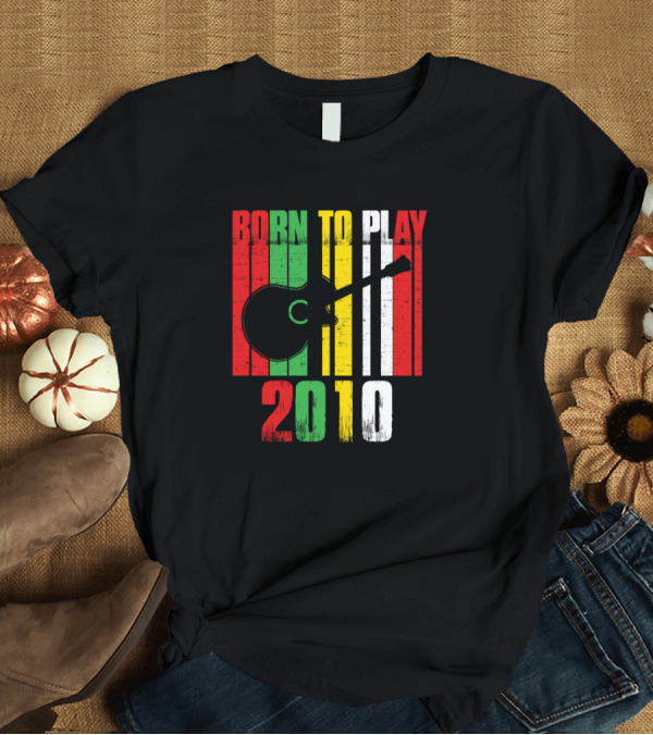 T-Shirt: Born To Play Guitar 2010 Vintage Guitar Silhouette with Color Bars T-Shirt Born To Play Guitar 2010 Vintage Guitar Silhouette with Color Bars T-Shirt