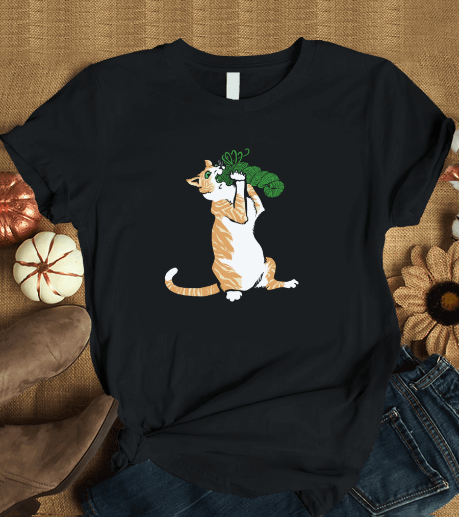 Red Tabby Cat Playing with Green Yarn Kitten Kitty T-Shirt