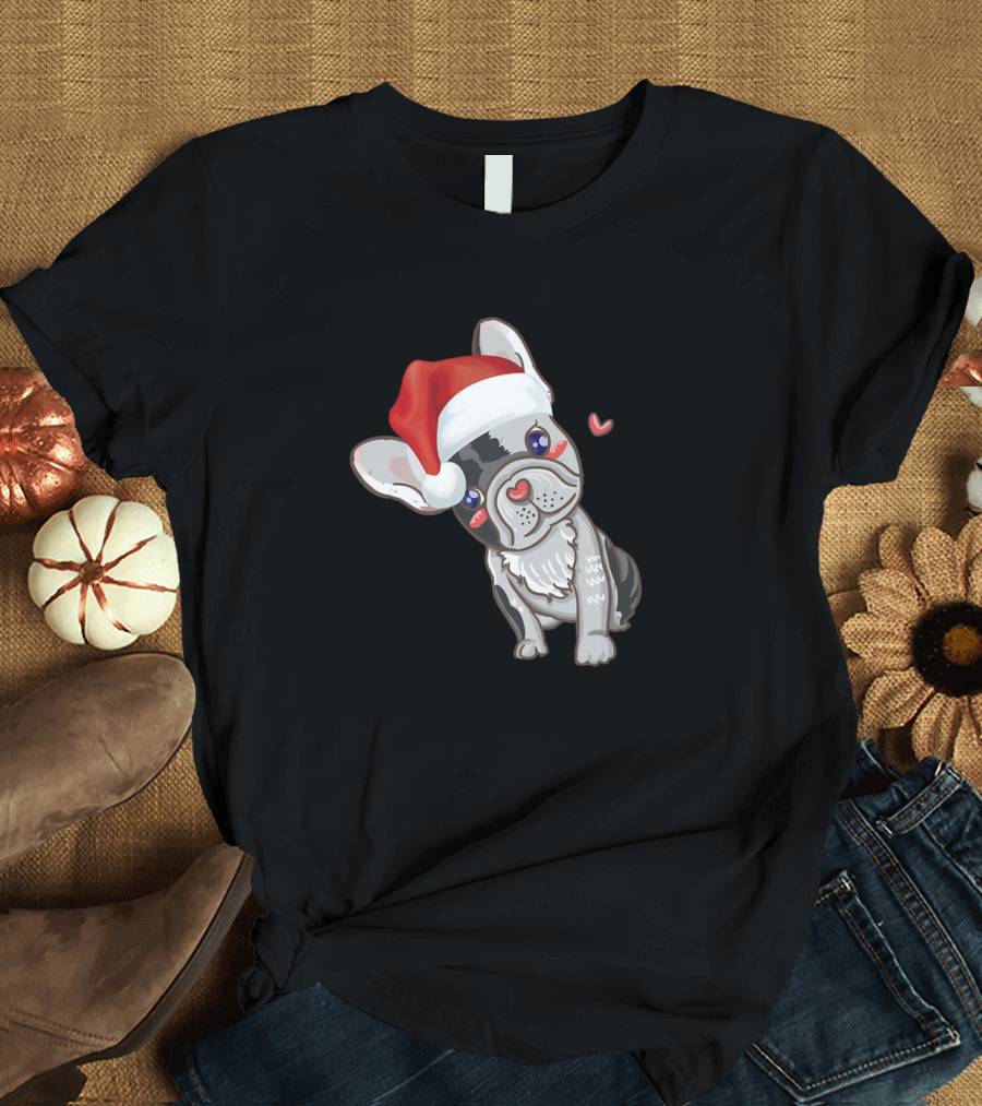 Cute French Bulldog With Santa Hat Love Frenchie Dog T-Shirt