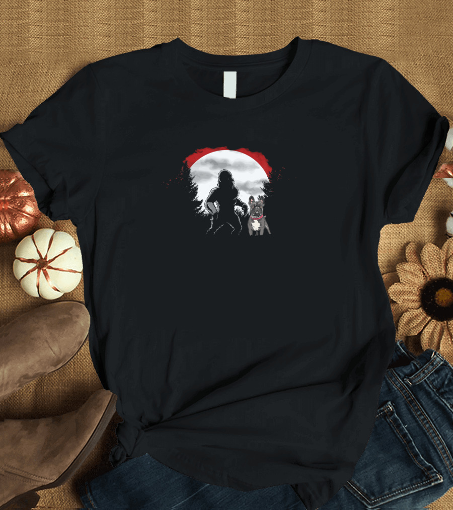Bigfoot Sasquatch and French Bulldog Forest Moon Scene T-Shirt