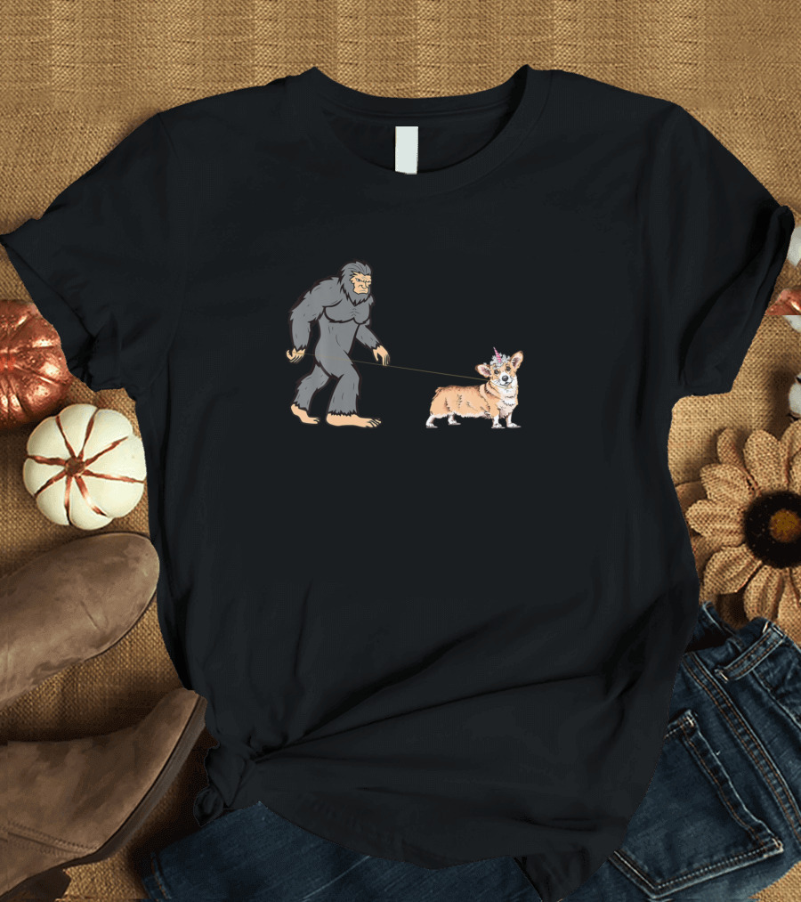 Funny Bigfoot Walking Corgi Unicorn Birthday Chris Bigfoot Walking Corgi T-Shirt