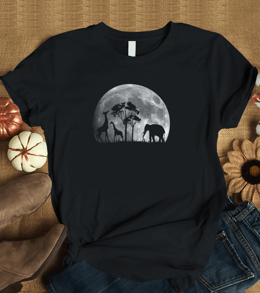 Giraffe Baby Elephant Moon Safari Animal T-Shirt
