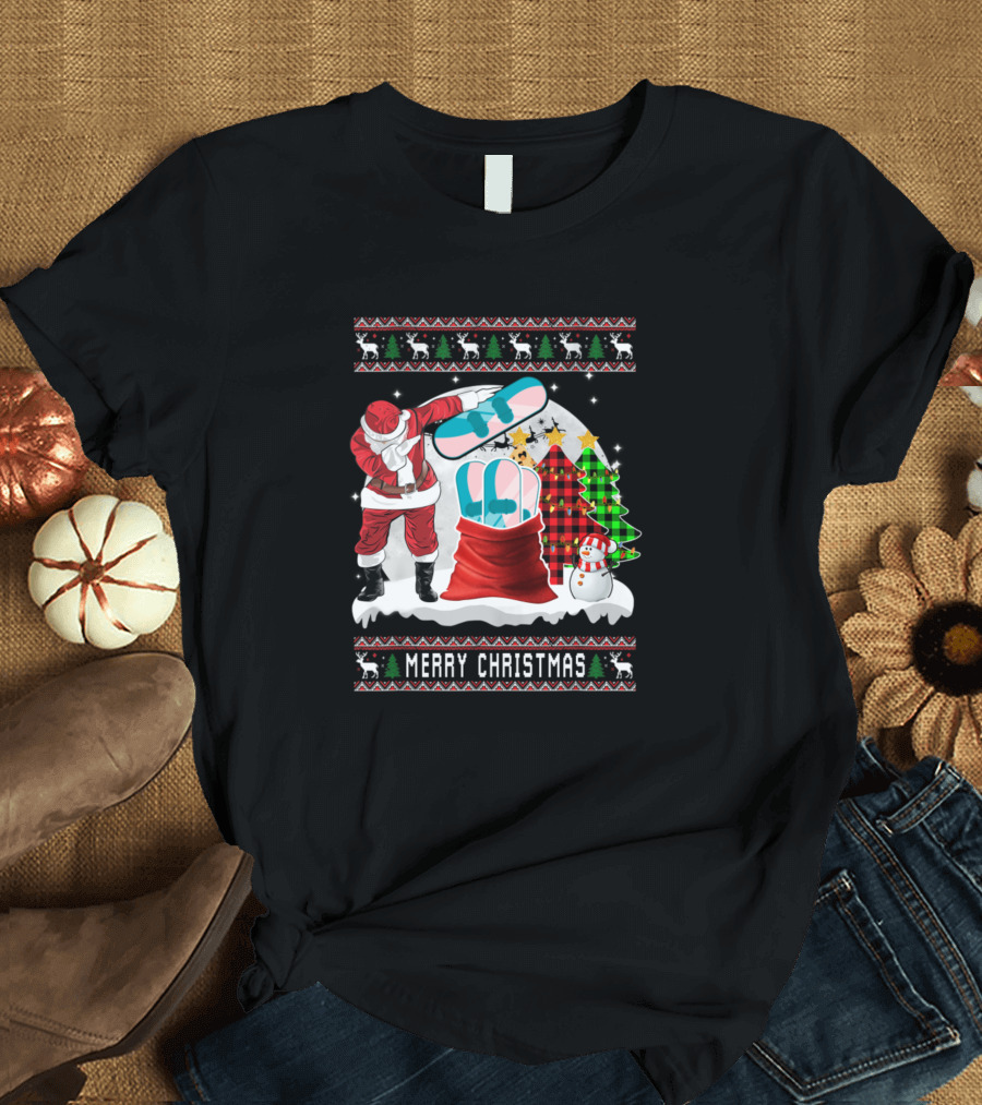 Santa with Snowboard Merry Christmas Festive Scene with Snowman and Tree T-Shirt