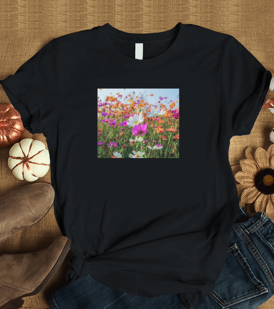 Beautiful View Of Vibrant Colorful Cosmos Flower Field T-Shirt