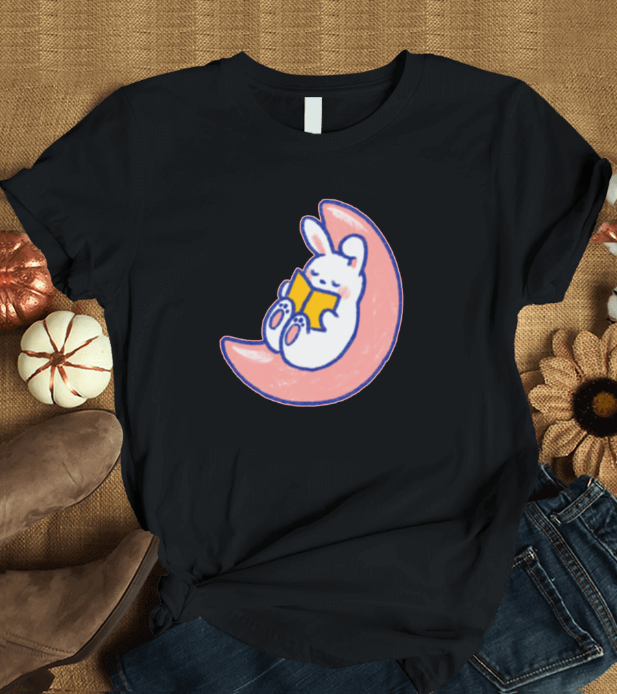 Bedtime Bunny Reading on a Pink Crescent Moon T-Shirt