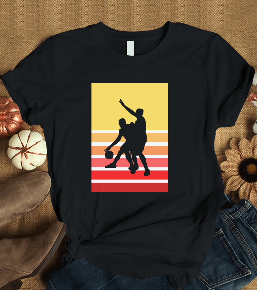 Boys Play Basketball Sunset Silhouette Retro Stripes T-Shirt