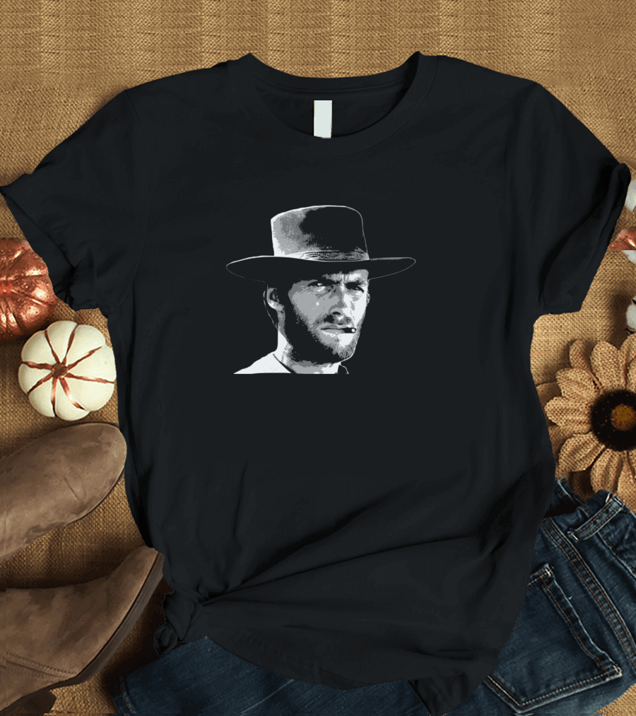 Clint Eastwood Black And White Cowboy Hat Smoking Rugged Look T-Shirt