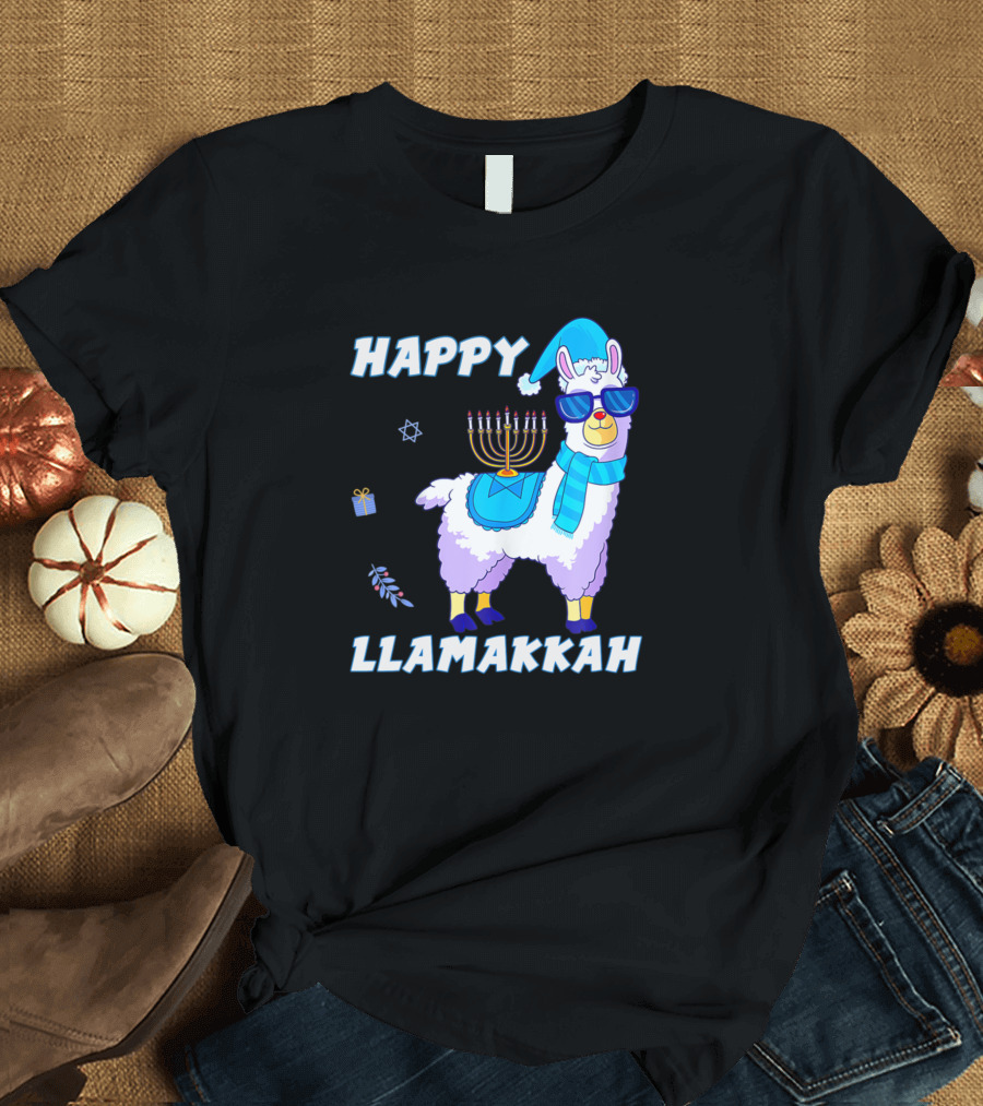 Happy Llamakkah Hanukkah Llama with Menorah and Gifts T-Shirt