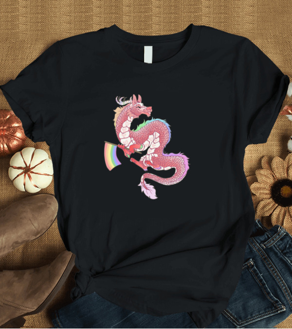 T-Shirt: Pastel Eastern Dragon with Rainbow Pride Flag T-Shirt Pastel Eastern Dragon with Rainbow Pride Flag T-Shirt