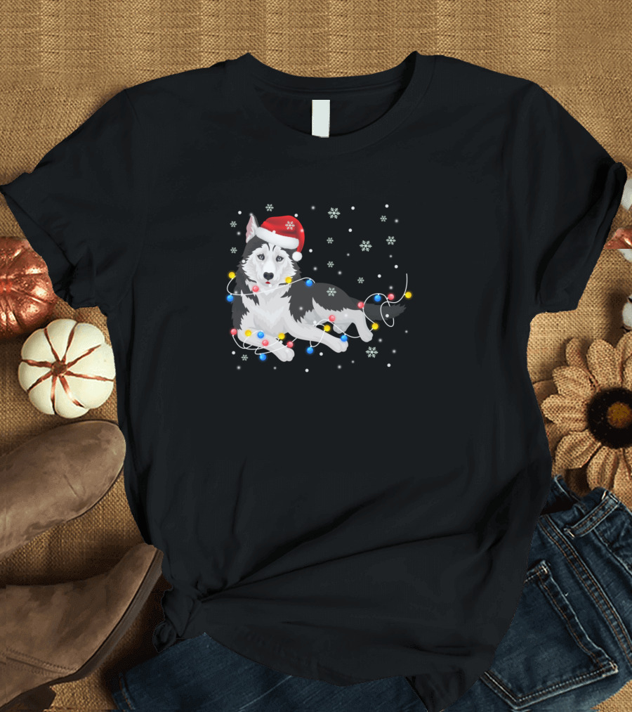 Siberian Husky Santa Hat Christmas Lights Snowflakes Xmas Dog T-Shirt