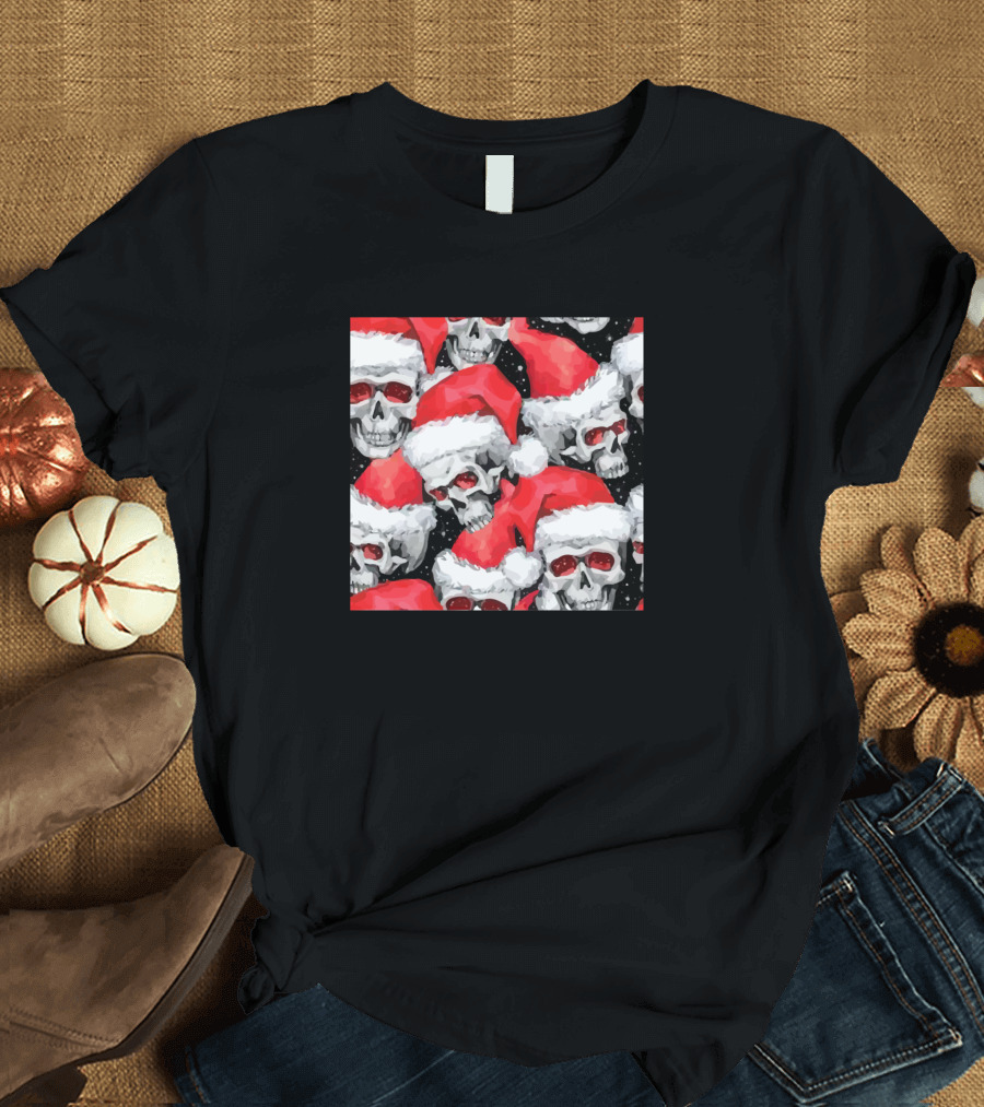 Watercolor Seamless Sketchy Modern Skulls in Santa Hats T-Shirt