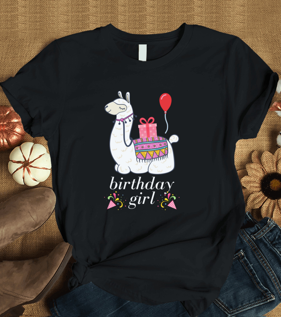 Birthday Girl Alpaca with Gift and Balloon T-Shirt