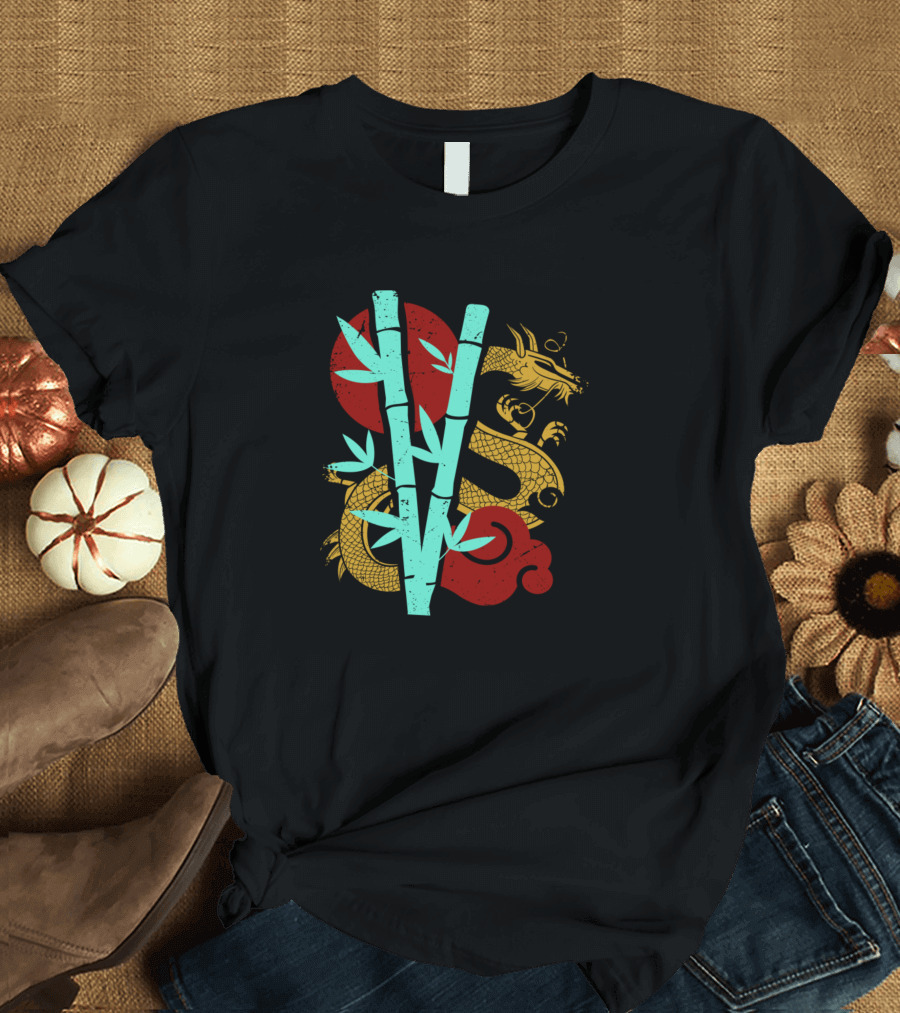 Beautiful Chinese Dragon With Bamboo and Red Clouds T-Shirt