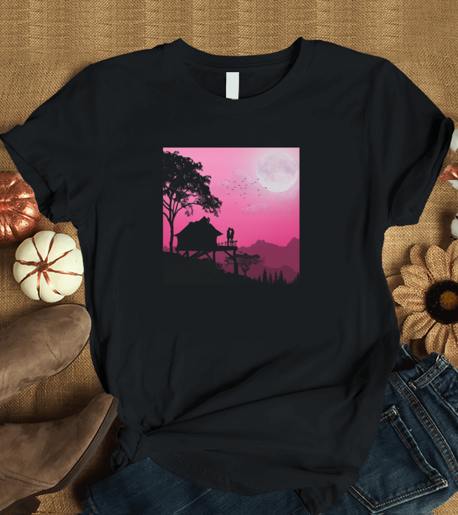 Love and Couple Silhouette under Pink Moonlit Sky on Treehouse Adventure T-Shirt