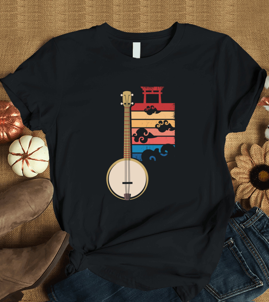Retro Banjo Surfing 80s Mountains Style with Japanese Wave Elements T-Shirt