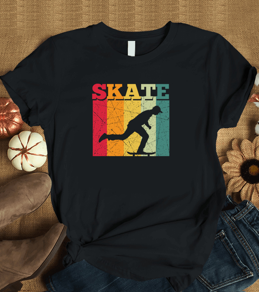 Retro Skate Skateboarder Silhouette Vintage Stripes T-Shirt
