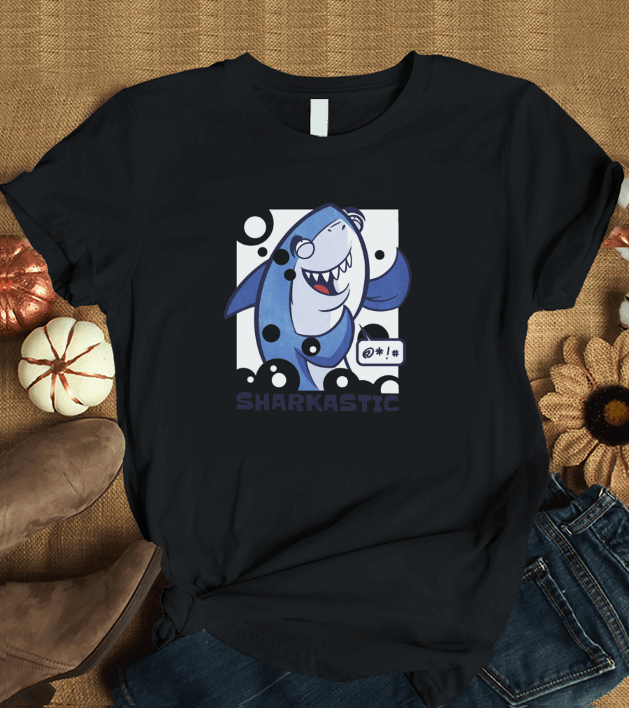 Sharkastic Cartoon Shark with Bubbles and Symbols T-Shirt