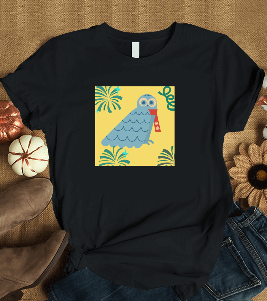Blue Owl with Red Party Tie and Tropical Leaves T-Shirt