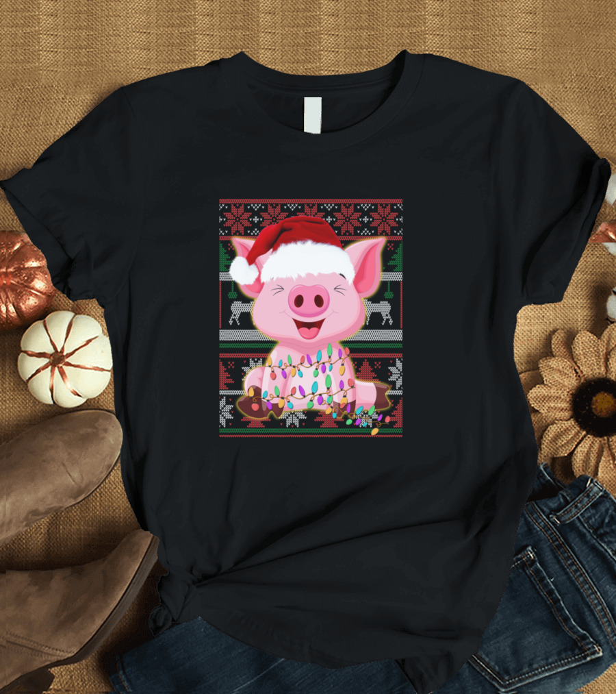 Funny Christmas Pig Lover Santa Hat and Lights T-Shirt