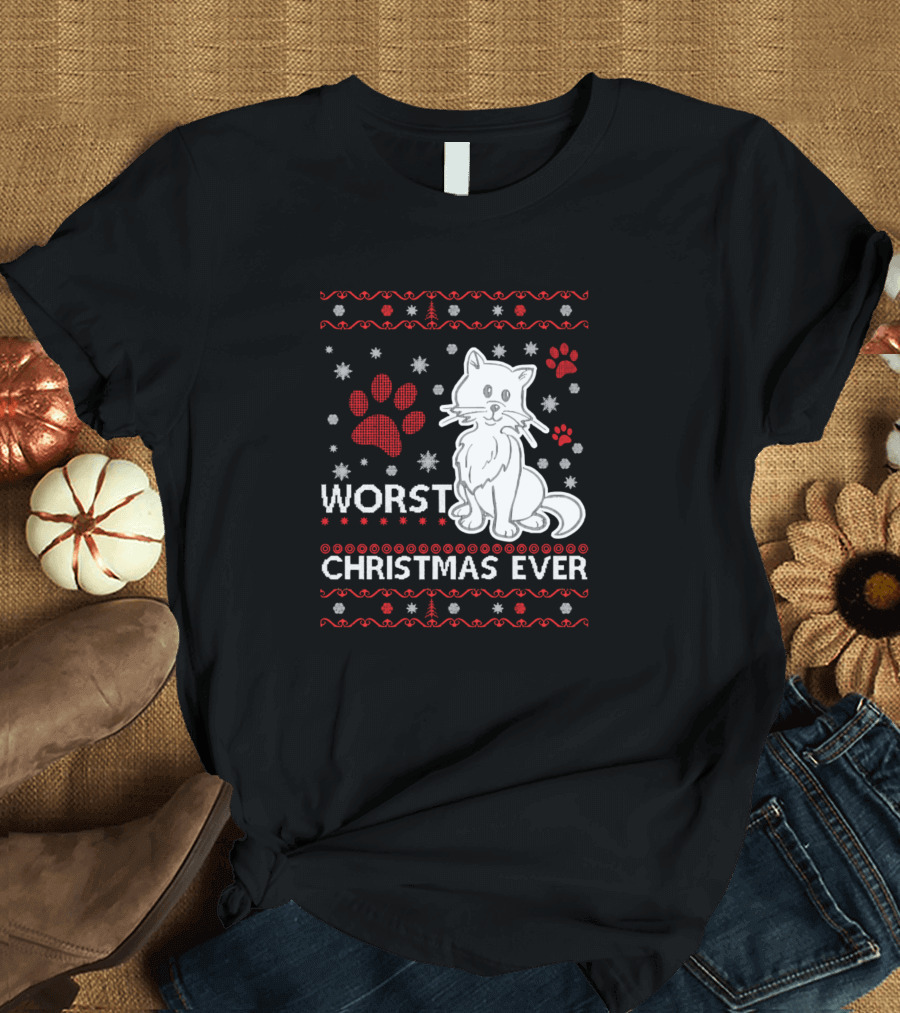 Worst Christmas Ever Cat Paw Print Holiday T-Shirt