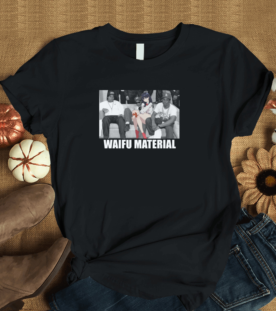 Anime X Real Life Waifu Material Black and White Image with Characters on Couch T-Shirt