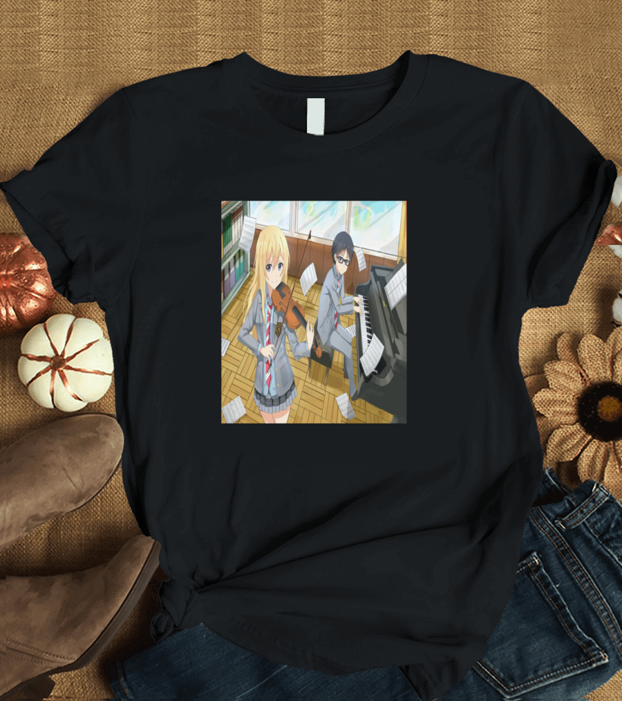 Arima Kousei X Kaori Miyazono Playing Music in School Room T-Shirt