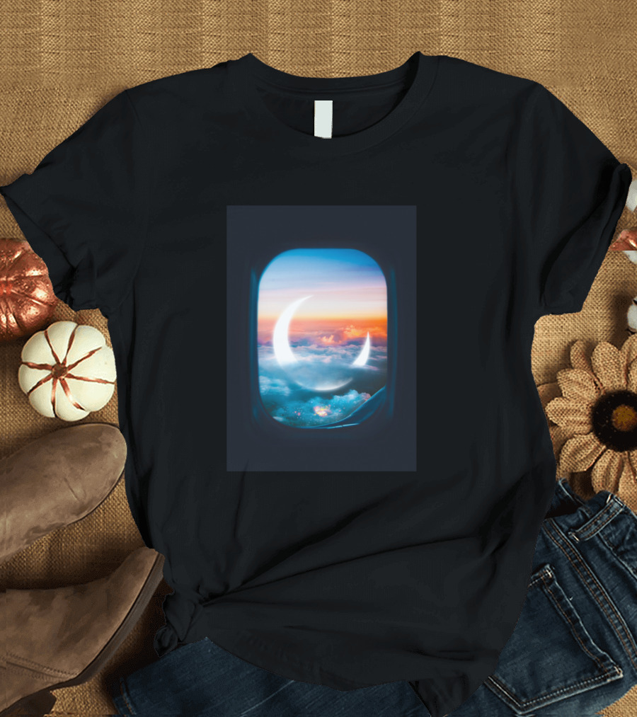 Bliss Airplane Window Crescent Moon Above Clouds T-Shirt
