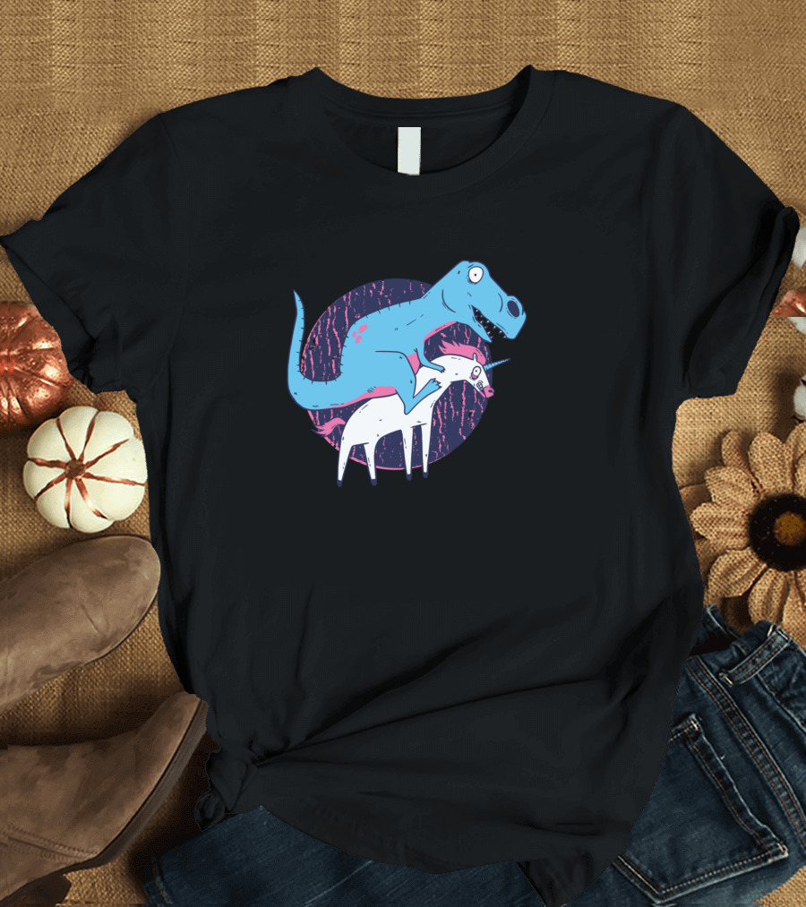 Dinosaur Riding Unicorn Retro Style Circle Background T-Shirt