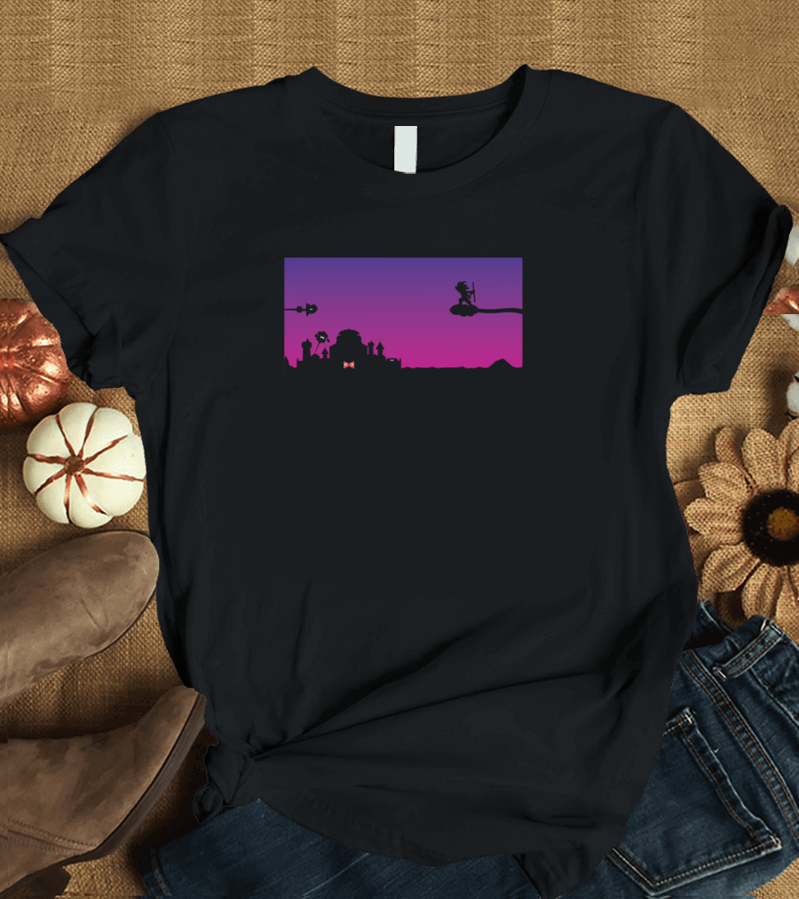Goku Vs Red Silhouette Battle at Sunset Urban Skyline T-Shirt