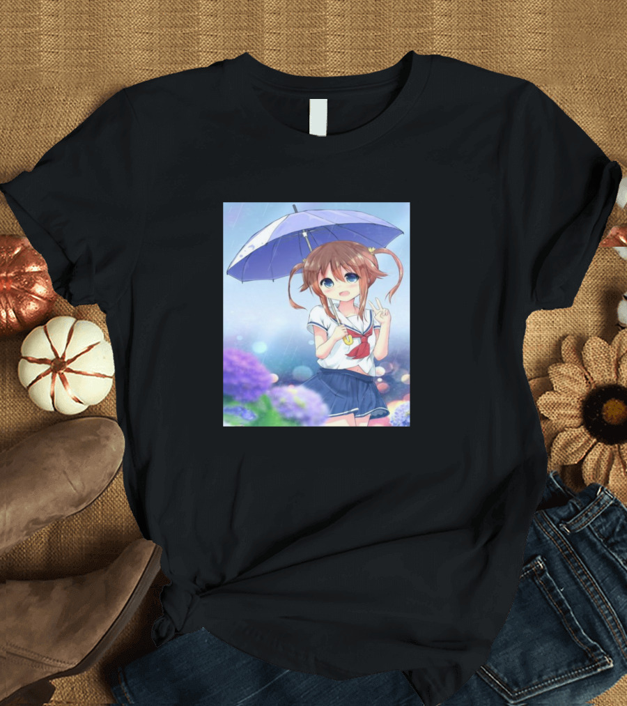Misaki Akeno Anime Character with Umbrella in Rainy Floral Scene T-Shirt