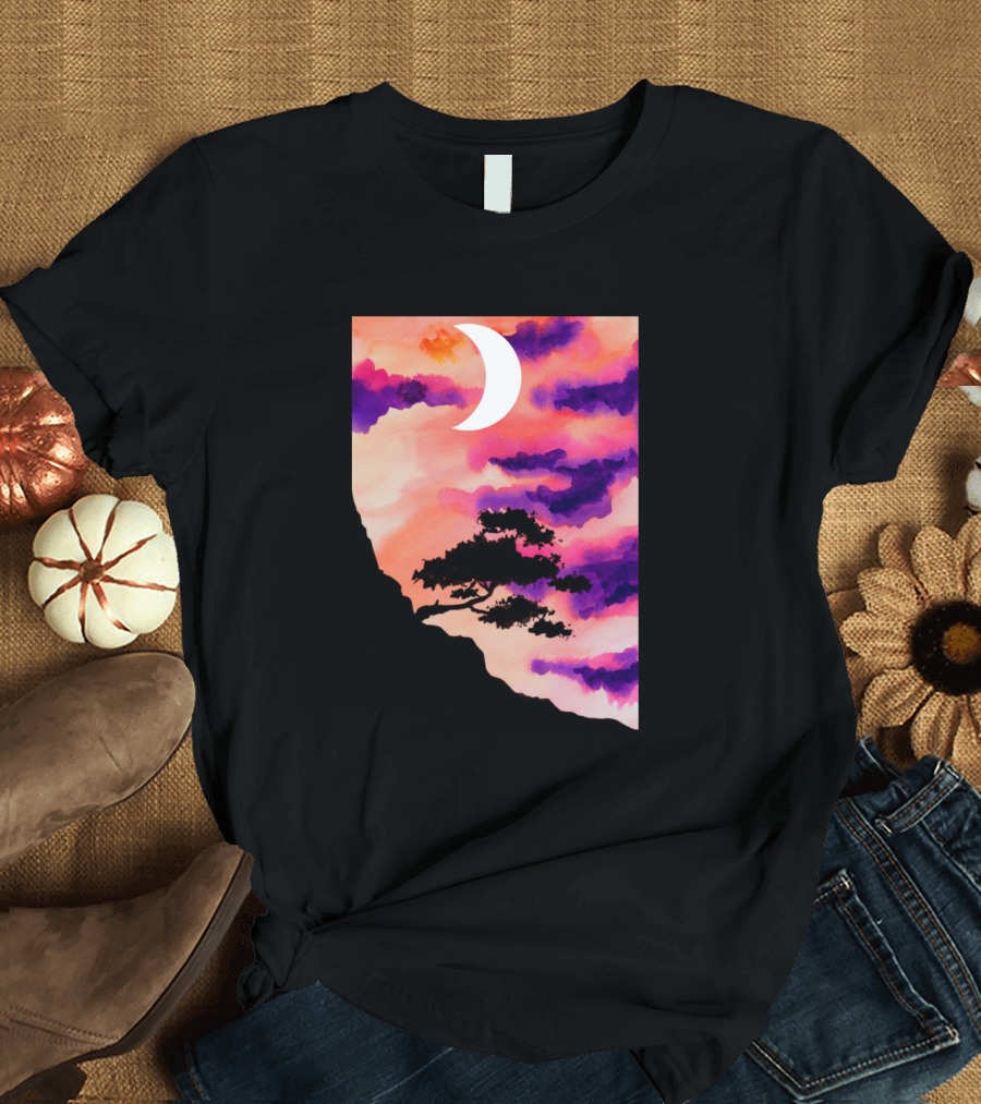 Mountain Tree Crescent Moon Sunset Clouds T-Shirt