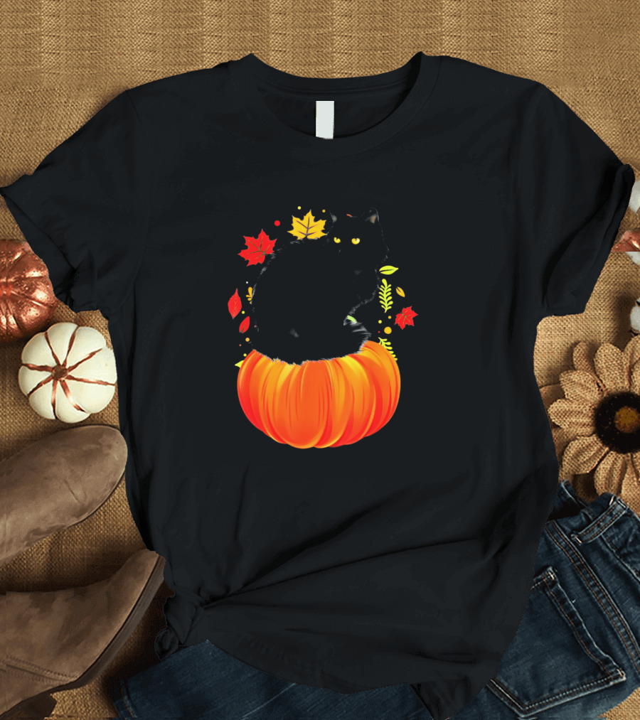 Black Cat Autumn Pumpkin Fall Leaves Thank T-Shirt
