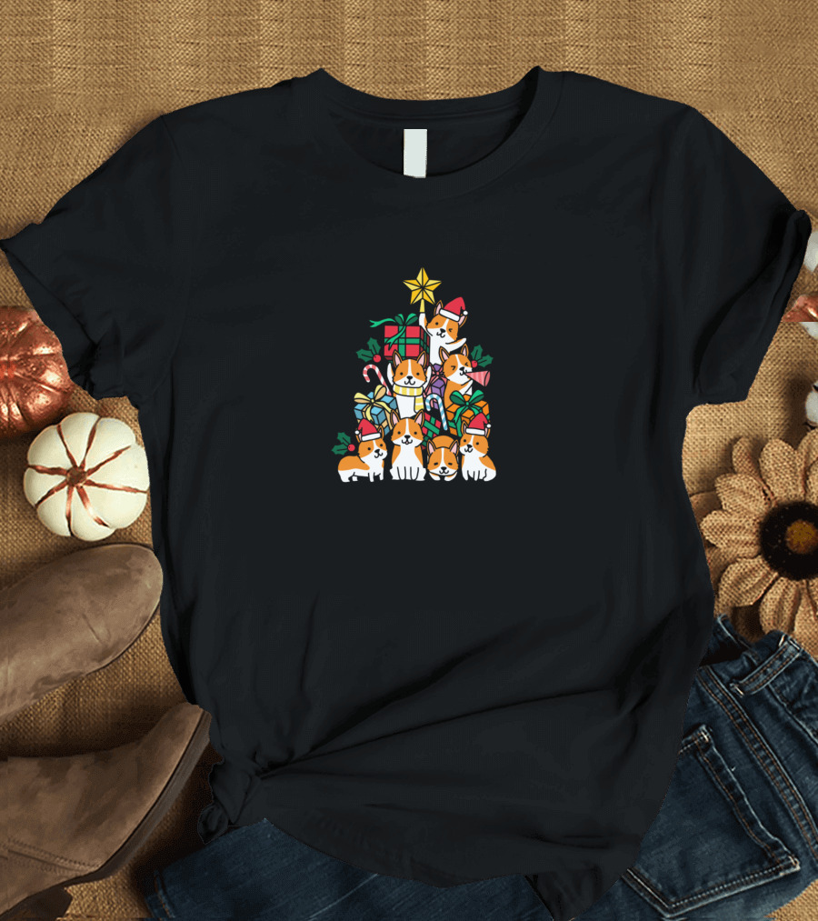 Corgi Santa Hat Holiday Stack with Gifts and Candy Canes T-Shirt